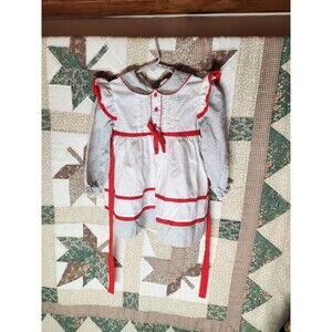 Vintage Baby Girl Floral Sleeve Dress Red White Eyelet Lace Bib Heirloom 3T